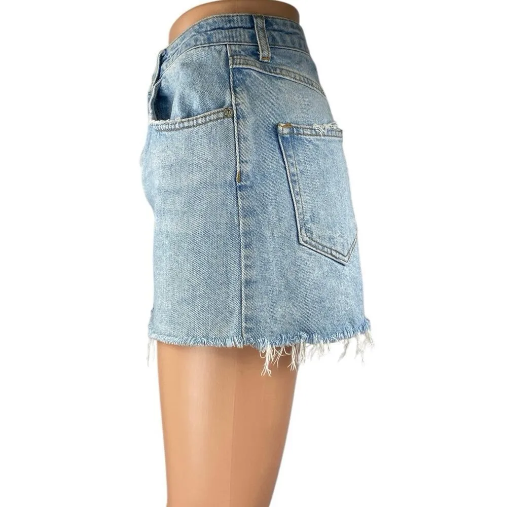 Sincerely Jules Blue High Waist Frayed Raw Hem Mini Pencil Denim Jeans Skirt XS - Image 2