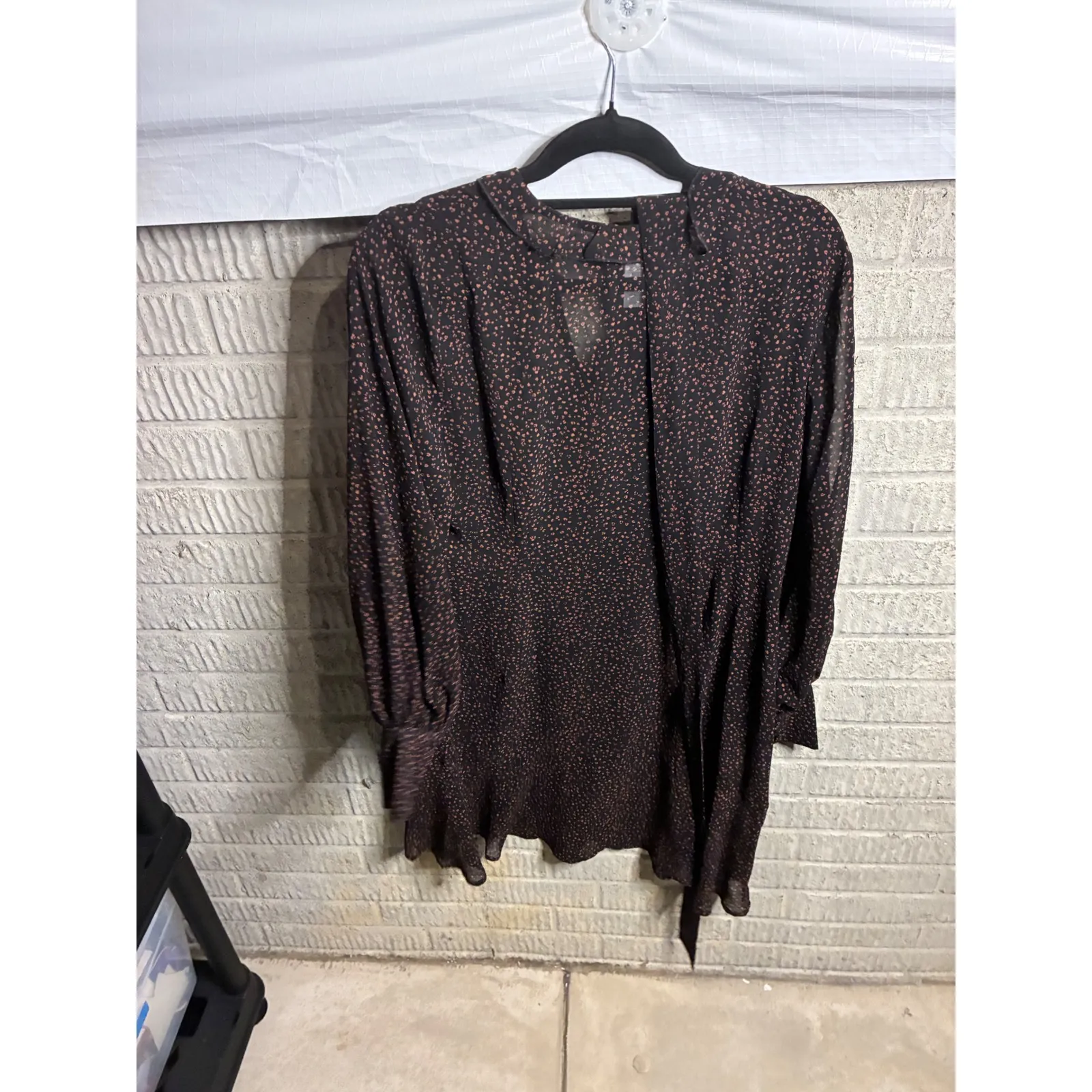 Cabi Black Coral Dot Print Long Sleeve Tie Waist Dress Womens M - Image 4