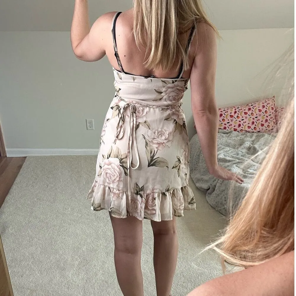 Windsor: Floral Cream Ruffled Wrap Dress - Image 8