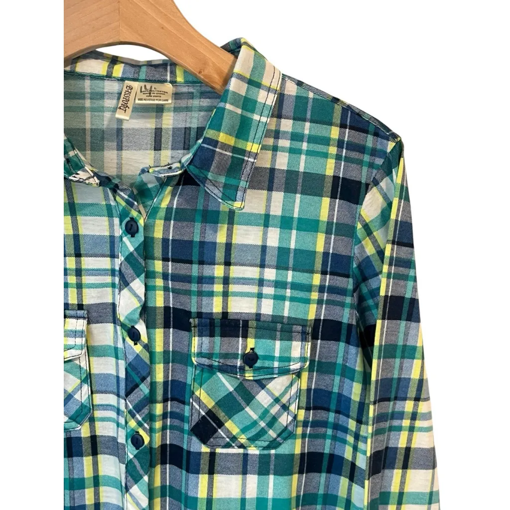 Passport Flannel Shirt Womens L Blue Plaid Pockets Button Up Roll Tab Sleeve Size L - Image 3