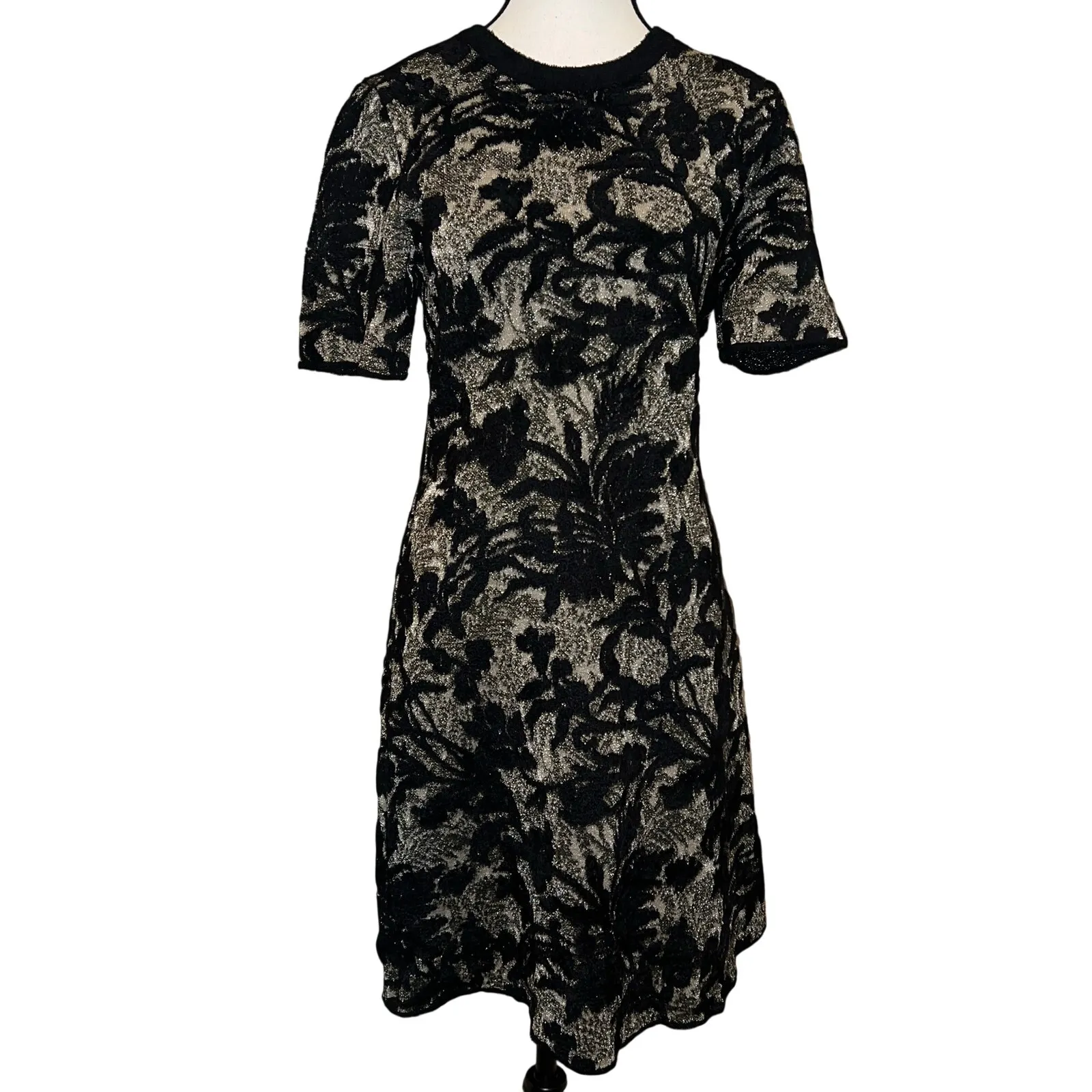 Tory Burch Cloque’ Fit & Flare Sweater Dress Black/Alabaster Metallic Size S - Image 2