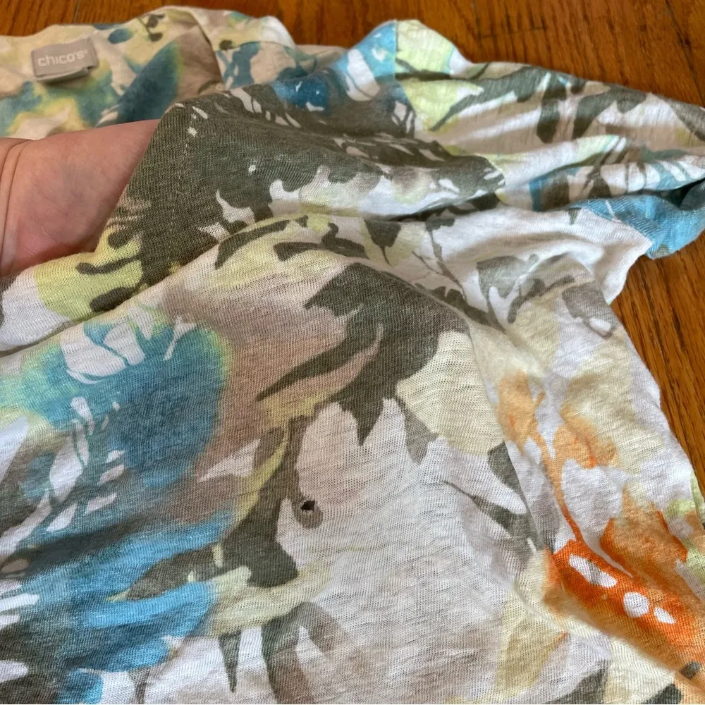 CHICO'S 2 Spring Paradise Linen Tee White Olive Green Floral 3/4 Sleeve Tunic L - Image 14
