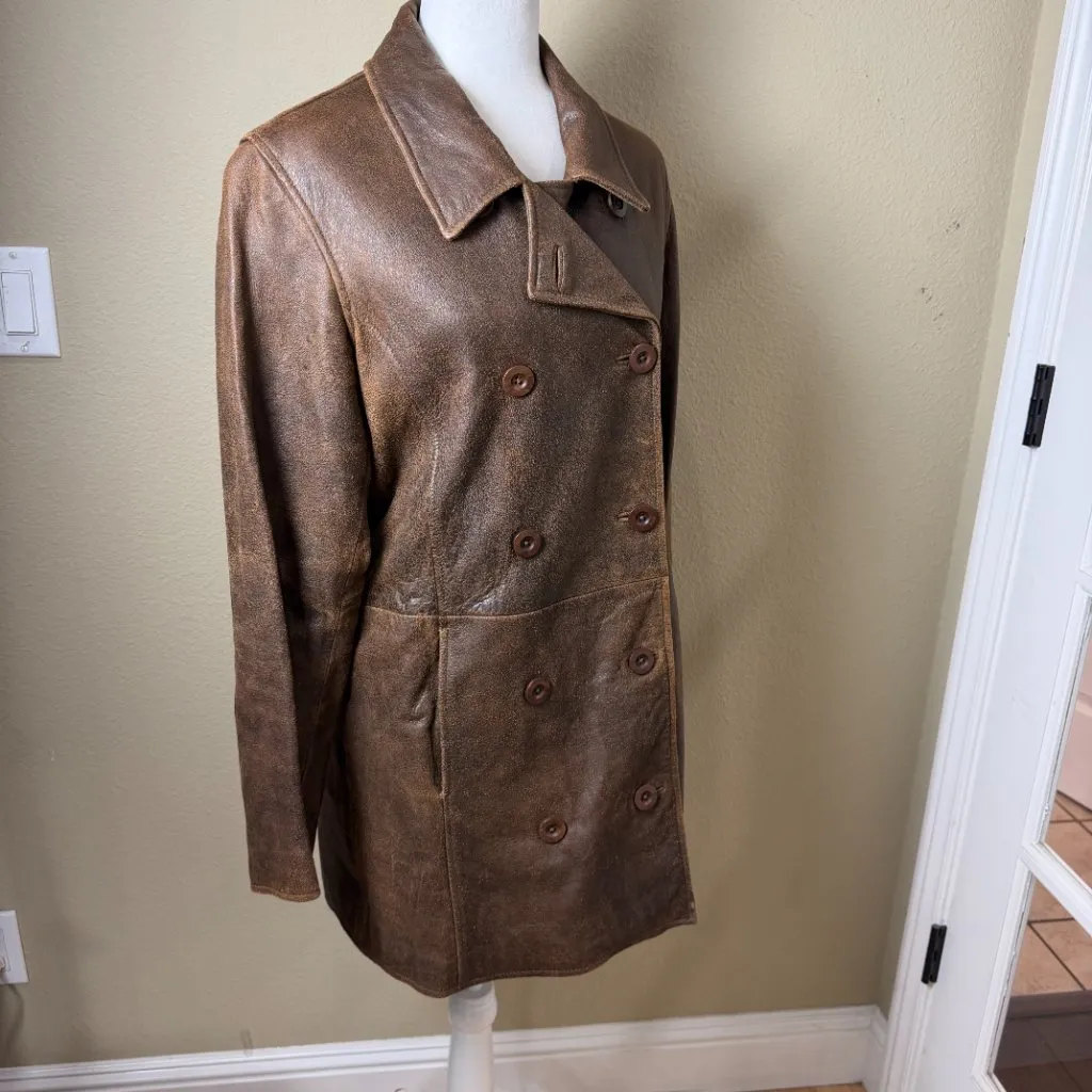Vintage SUNDANCE Leather Trench Coat Jacket Lined Double Breasted Size Medium - Image 5