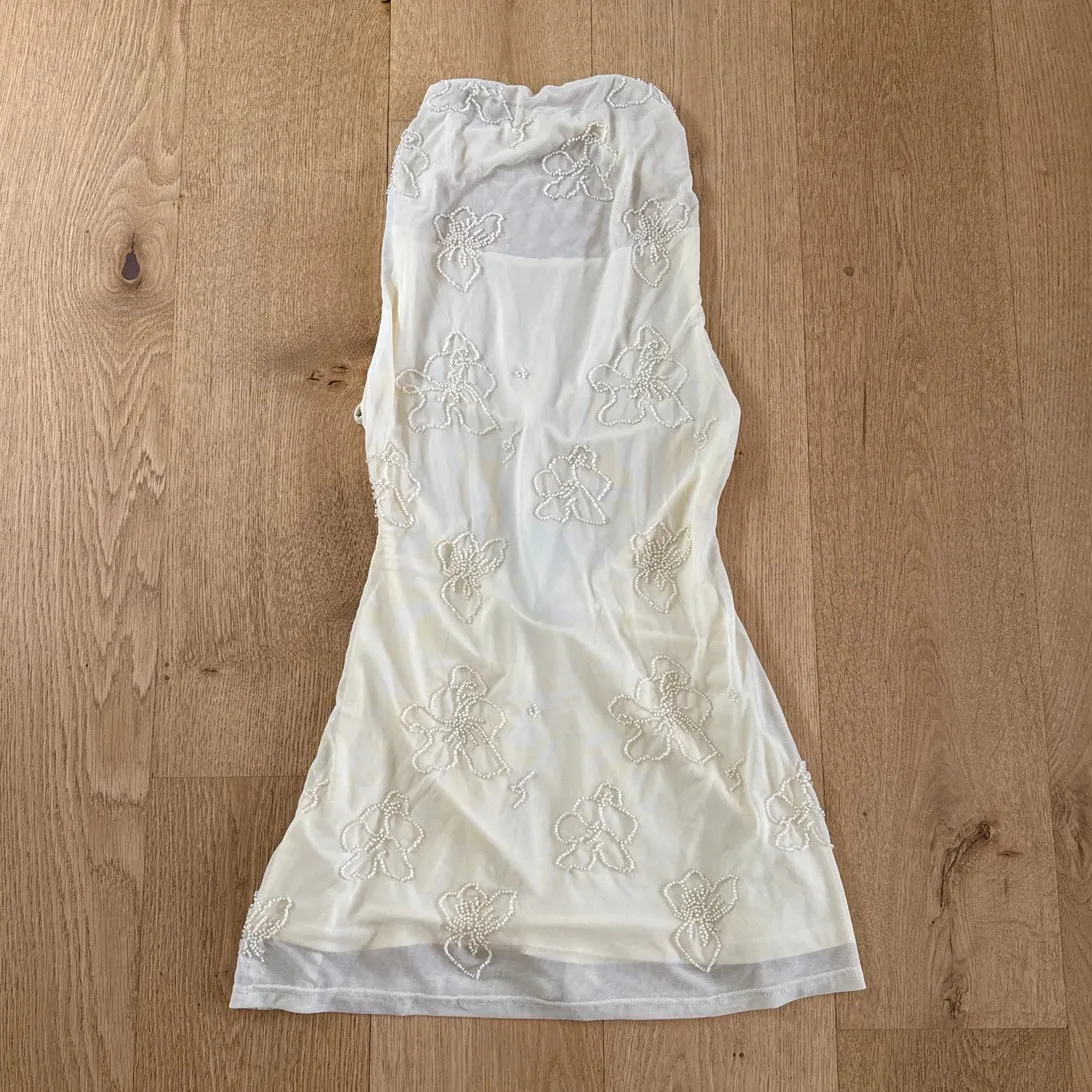 White Fox Mini Dress Beaded Sequins Cowl Neck Between The Lines Size XS Cream - Image 2