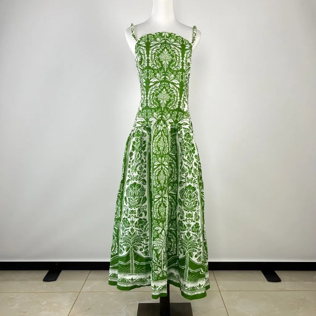 NWOT Farm Rio Floral Delicate Tapestry Linen Drop-Waist Midi Dress Size XS Green - Image 7