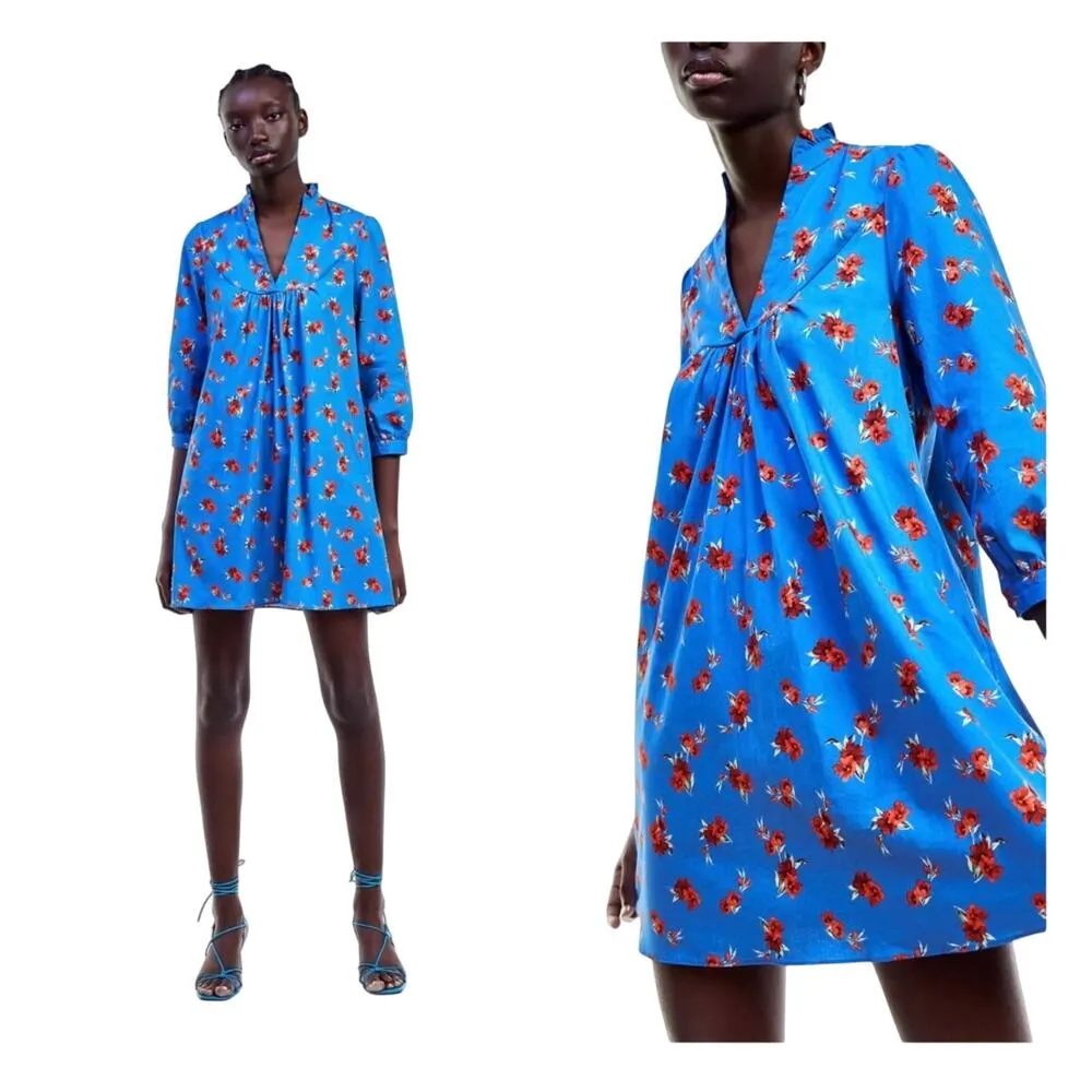 ZARA Emma Mini Tunic Dress Floral V-Neck 3/4 Sleeves Ruffled Neck Cotton Medium - Image 3