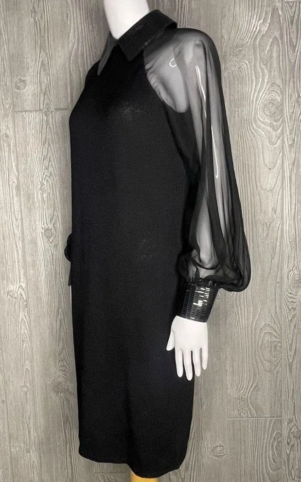 Vintage St. John designer black knit dress sheer long sleeve and sequin detail 8 - Image 10