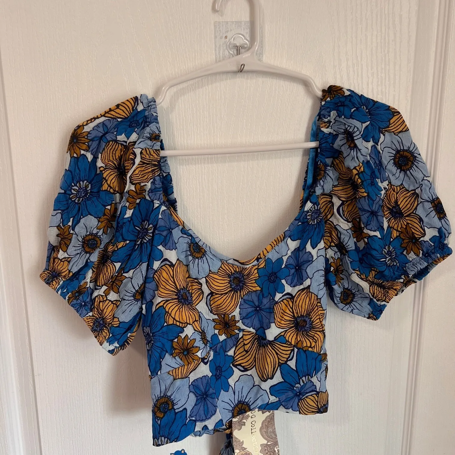 B.O.G.‎ Collective Womens Floral Crop Top Smocked Tie Back Puff Sleeve Blouse S Blue - Image 3