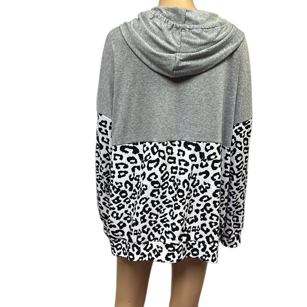 Leopard Colorblock Drop Shoulder Kangaroo Pocket Hooded Long Sleeve Top 2XL Gray Size 2X - Image 7