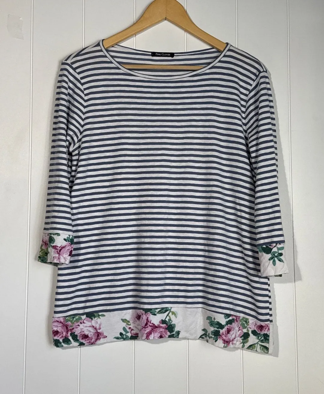 Pink Clover L Striped Floral Mixed Media Top Blue White 3/4 Sleeve Rose Knit Tee - Image 1