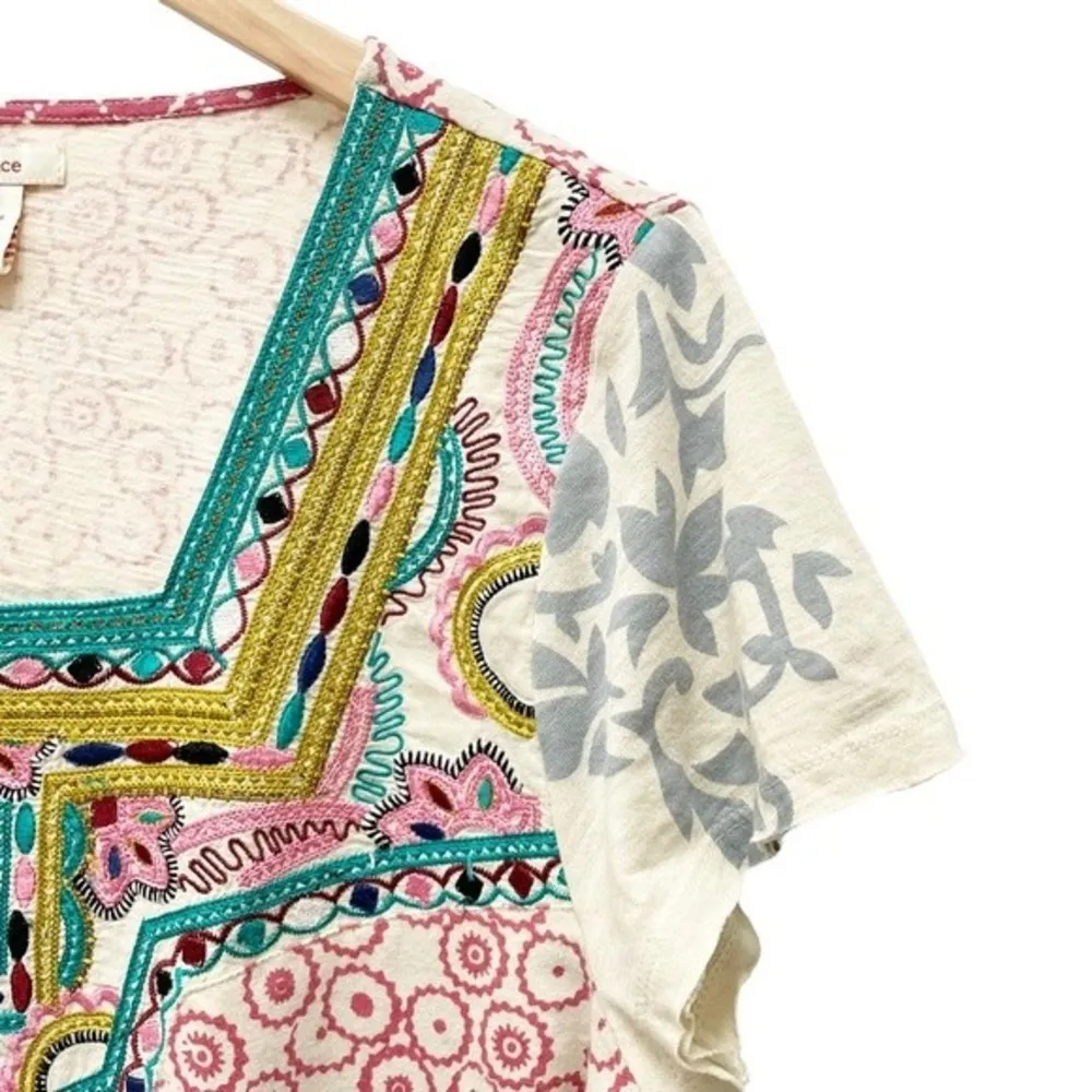 Sundance World Citizen Patchwork Crochet Detail Short Sleeve Top Size Medium - Image 4