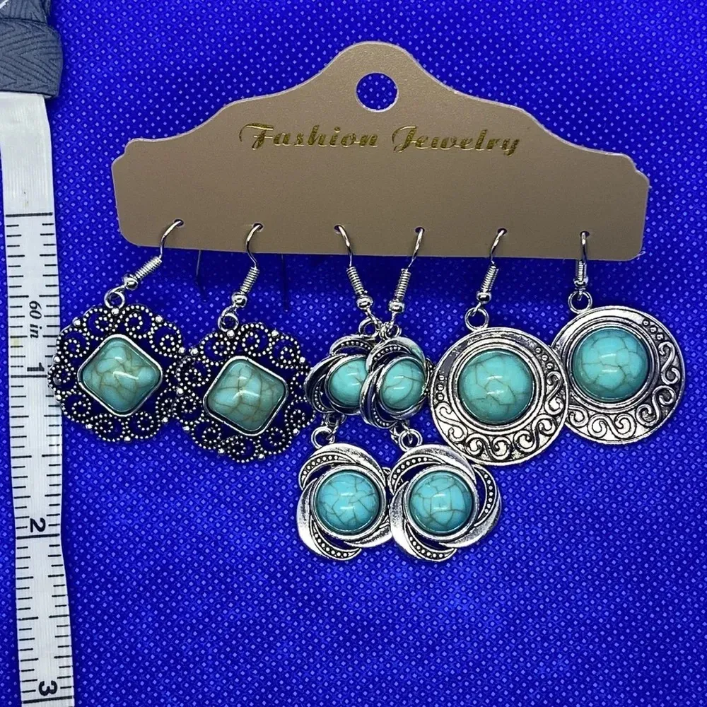 New bohemian geometric pattern faux turquoise earrings antique finish 3 pair Blue - Image 3