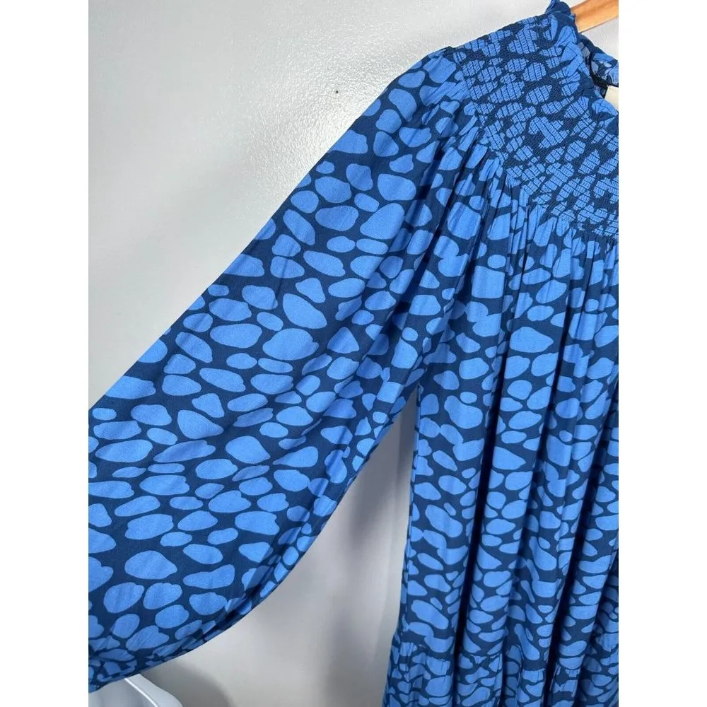 Ann Taylor Loft XS Dress Blue Smocked Neck Cheetah Animal Print Long Sleeve - Image 10