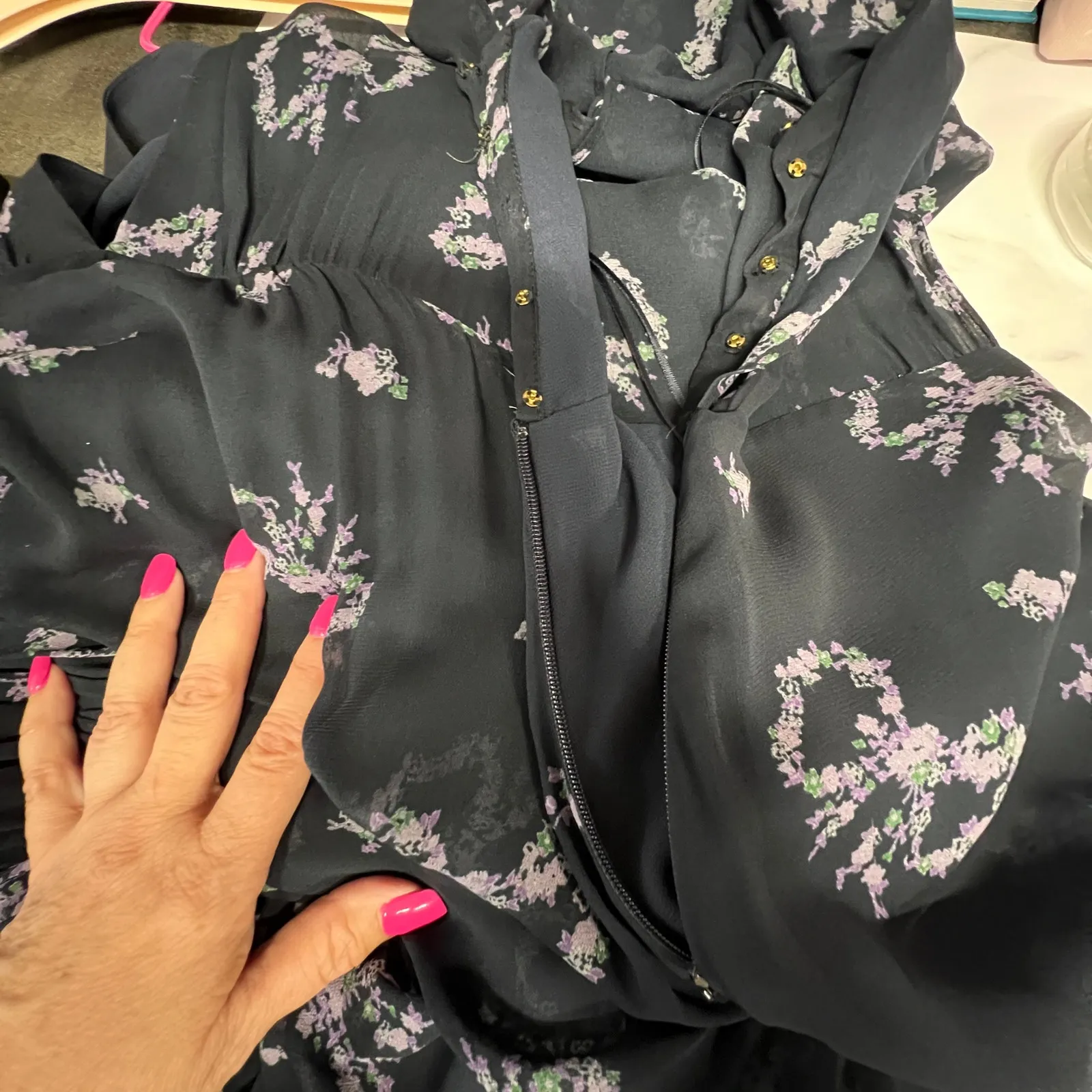 Love Shack Fancy Kover Bow Print Tiered Navy Blue Viscose Maxi Dress Size 8 - Image 11