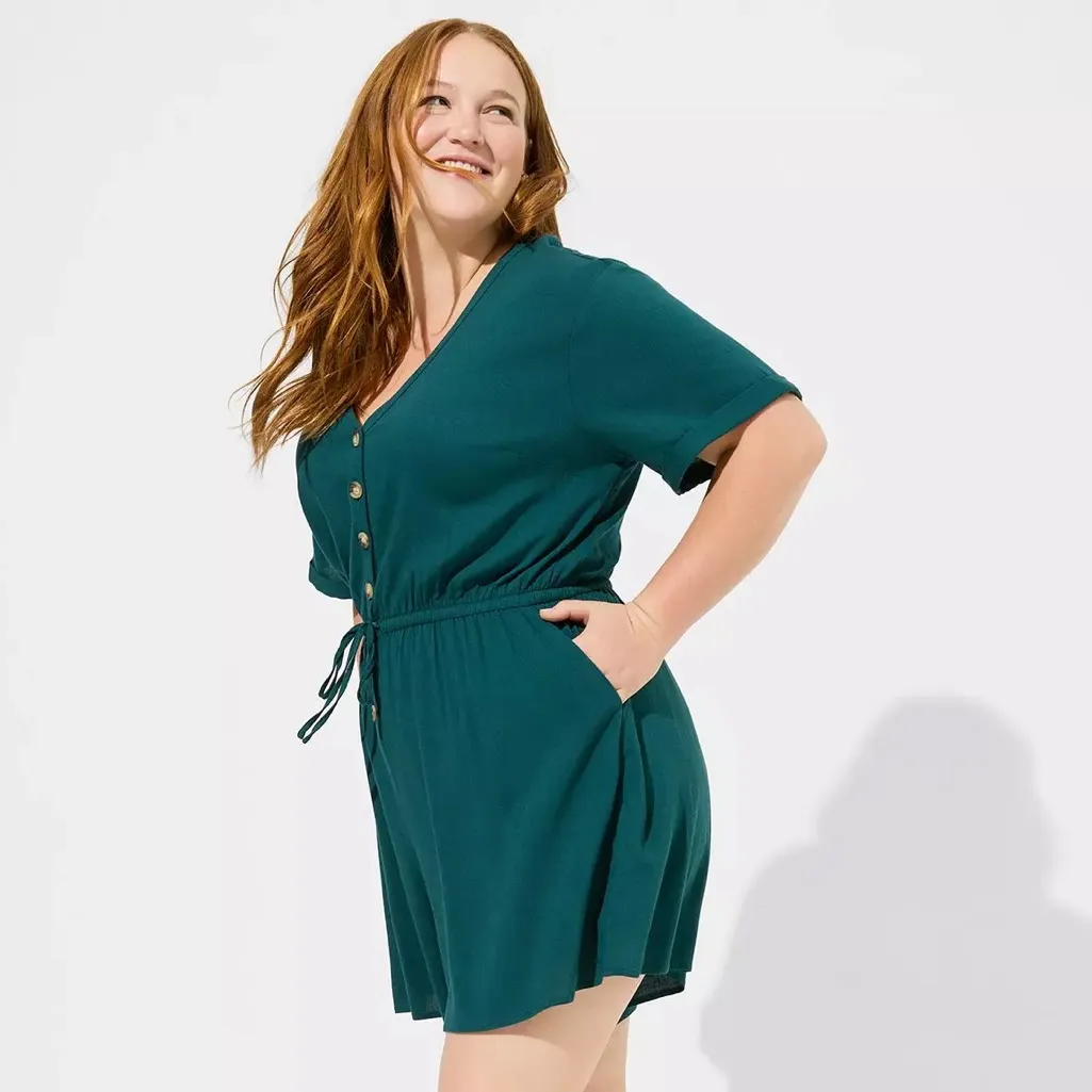 Torrid Rayon Slub Button Front Romper Dark Teal Shabby Chic Coastal Plus Size 1X - Image 2