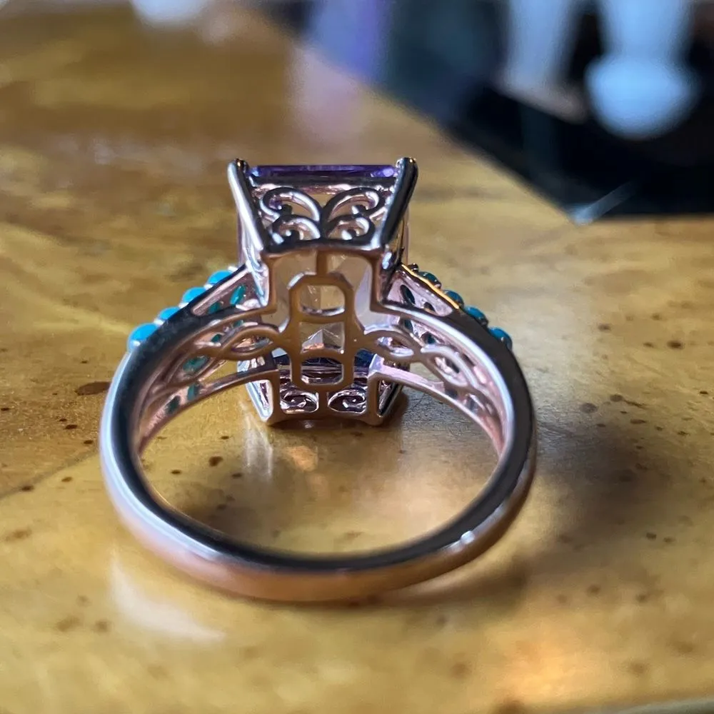 Rose de France Amethyst Sleeping Beauty Turquoise Sterling Silver Ring Size 8 Blue - Image 5