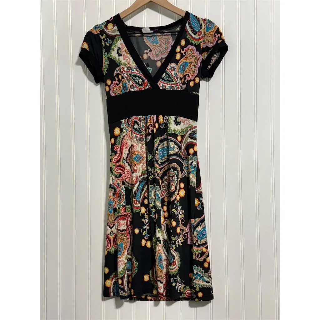 VTG Y2K Lipstick Paisley Mini Dress Empire Waist Stretch Cap Sleeve Black Size M Blue Size M - Image 2