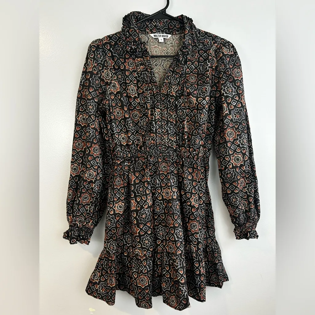 Walter Baker Cassie Black/Brown Boho Mosiac Long Sleeve Ruffle Mini Dress Size 4 - Image 2