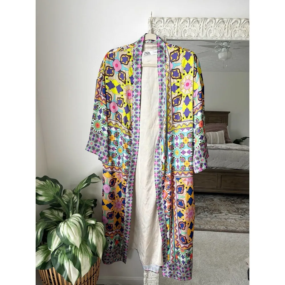 Zara Satin Effect Printed Belted Kimono Robe - Image 3