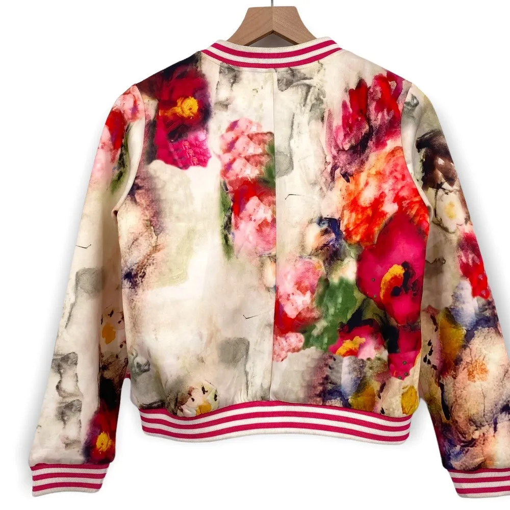 Lucy & Co Floral Full Zip Jacket Size S Varsity Style Pockets Watercolor Print - Image 5