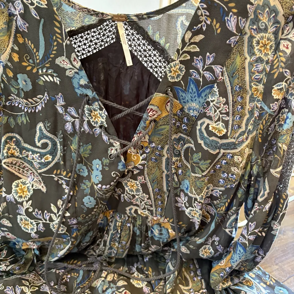 Free People Flowy Paisley Tunic Mini Dress Lace Up Wide Sleeves Small Floral - Image 9