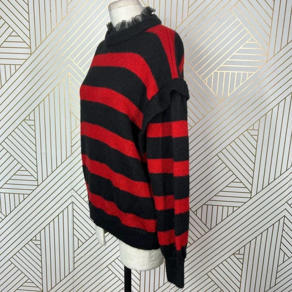 Zara Striped Sweater with Tulle Neck Red‎ Black Size Medium - Image 4