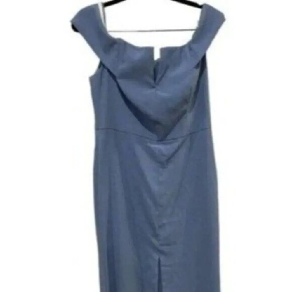 NWT Dessy Collection V Neck Off The Shoulder Trumpet Gown Dress 14 Larkspur Blue - Image 4