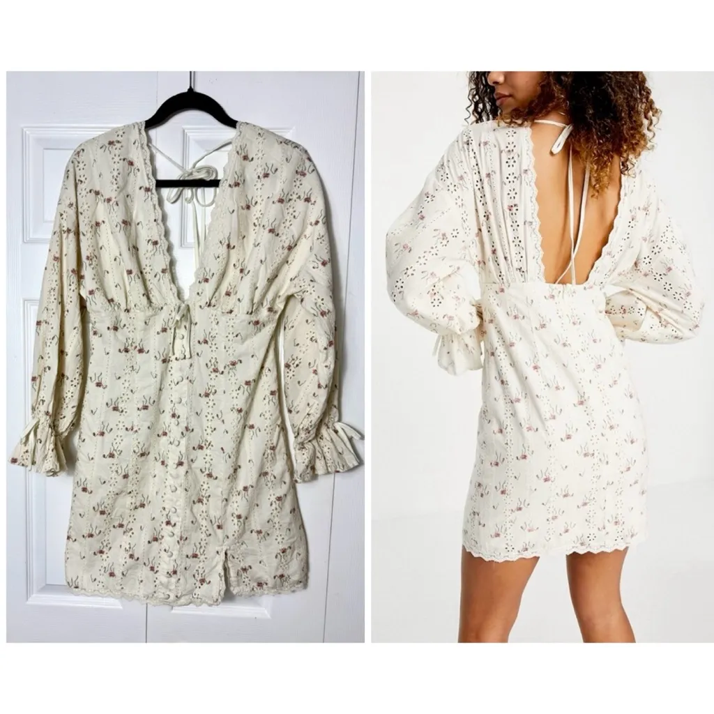 ASOS Design Cream Floral Eyelet Lace Mini Dress Blouson Sleeve Size 6 - Image 2