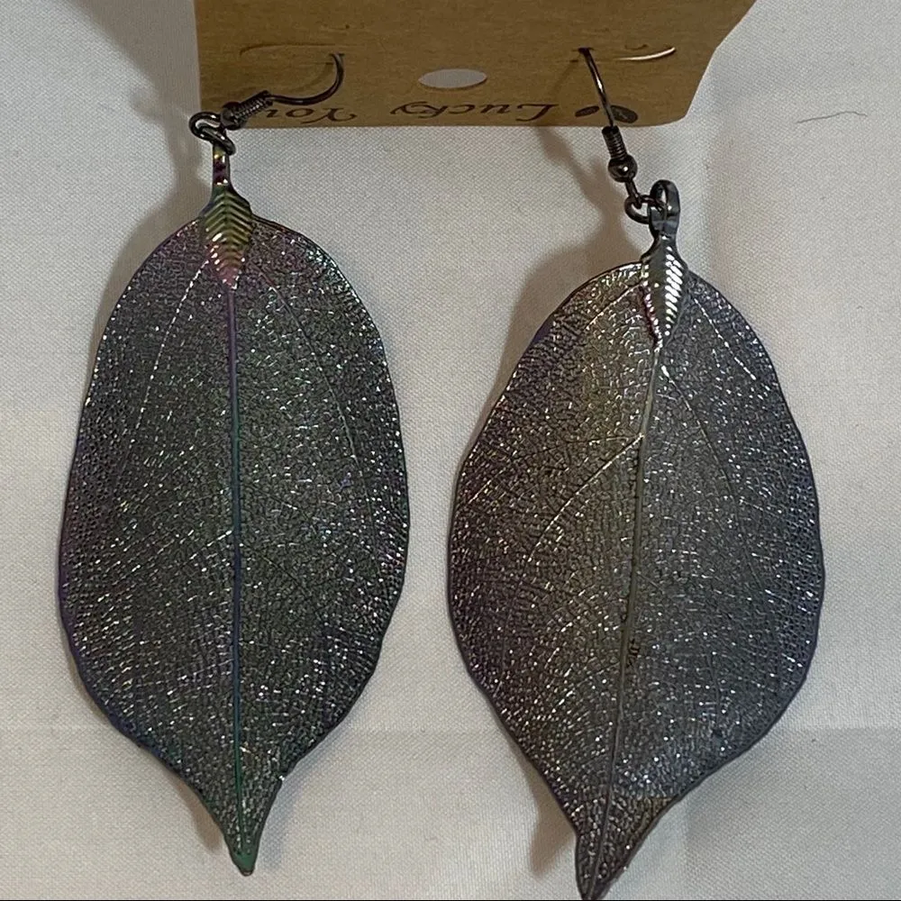 Iridescent Leaf Earrings Purple - Image 5