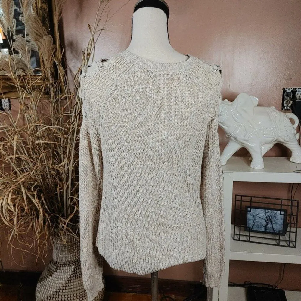 Cloud Chaser Size Small S Light Cream Knit Criss Cross Shoulders Sweater - Image 2