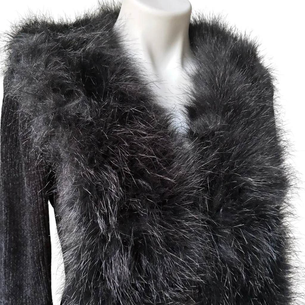 NWT, LISA INTERNATIONAL Black Faux Fur Trim
Chenille Cardigan Sweater, Sz S - Image 2