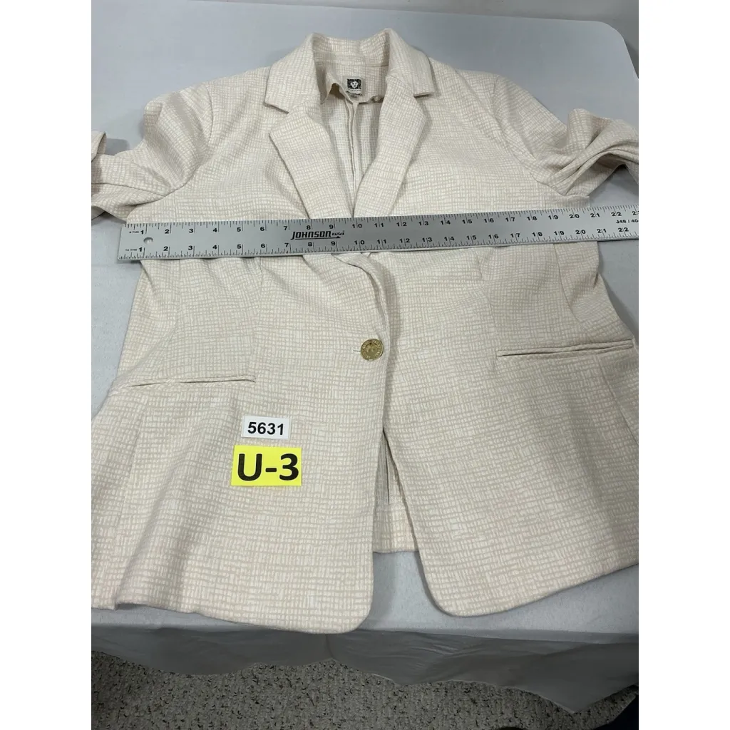 Womans Anne Klein Blazer Large Beige White button Padded Shoulders - Image 6