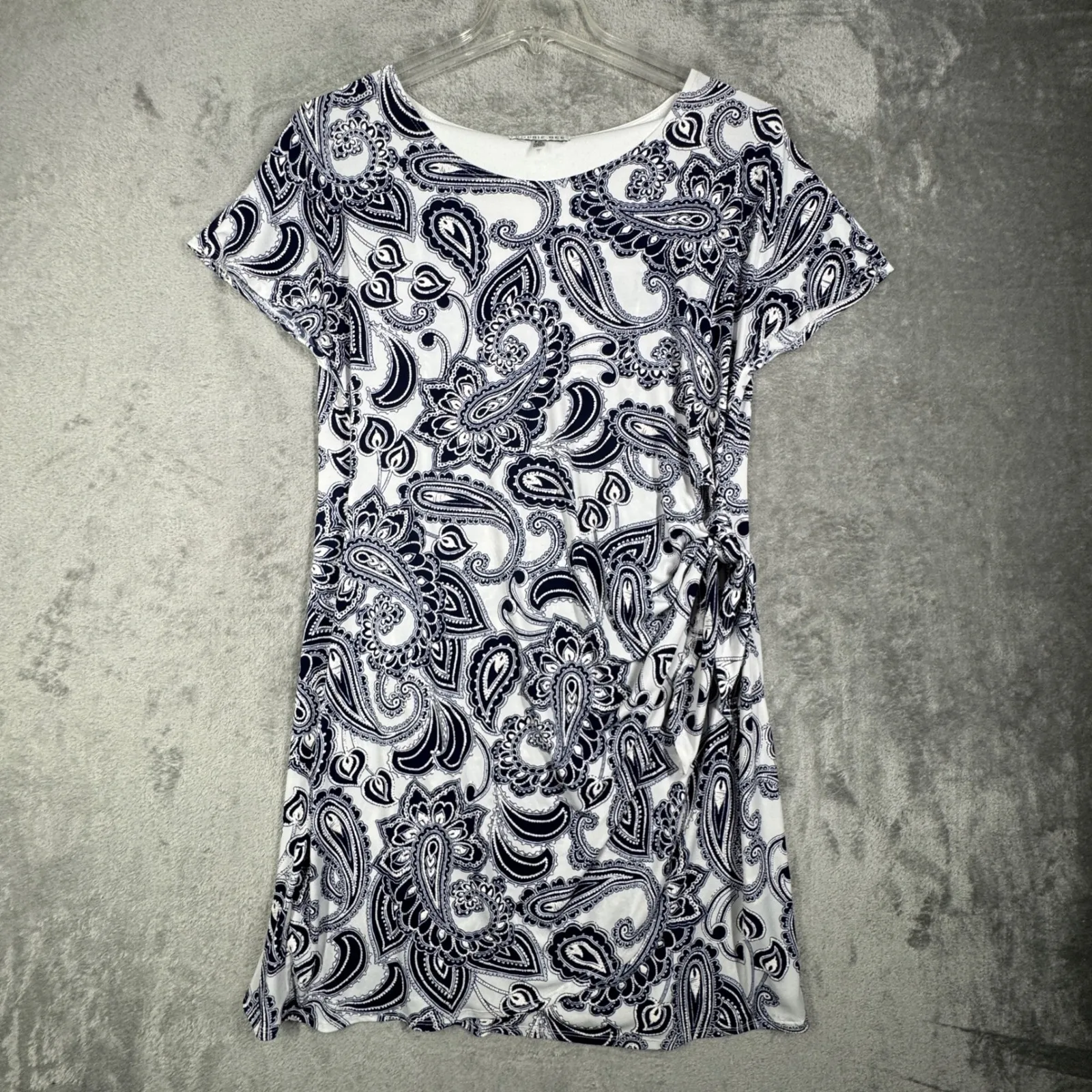 Robbie Bee Dress Paisley Print Side Tie Boho Casual Office White Blue XL Petite - Image 2