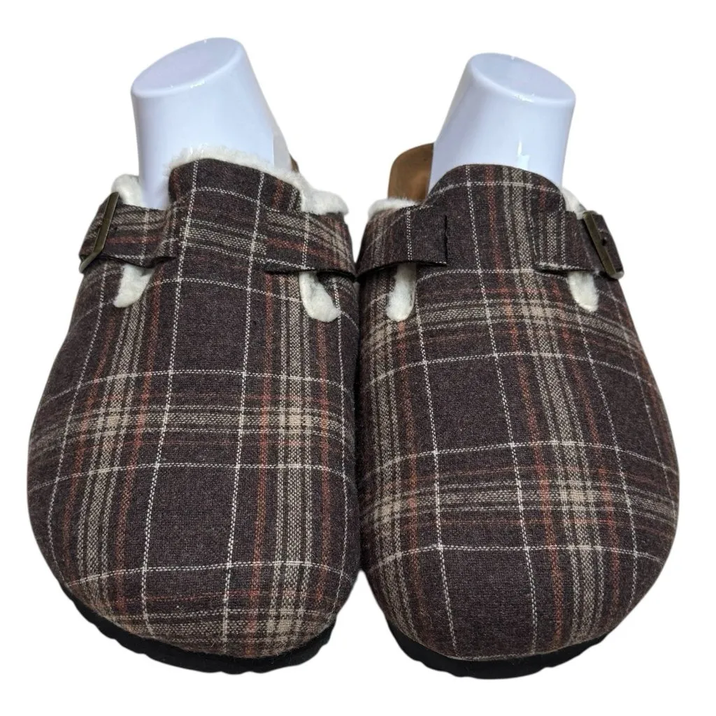 NWOT Fitory Plaid Mule Slip Ons Cork Footbed Cozy Cabincore Holiday Women’s 12 Brown - Image 3