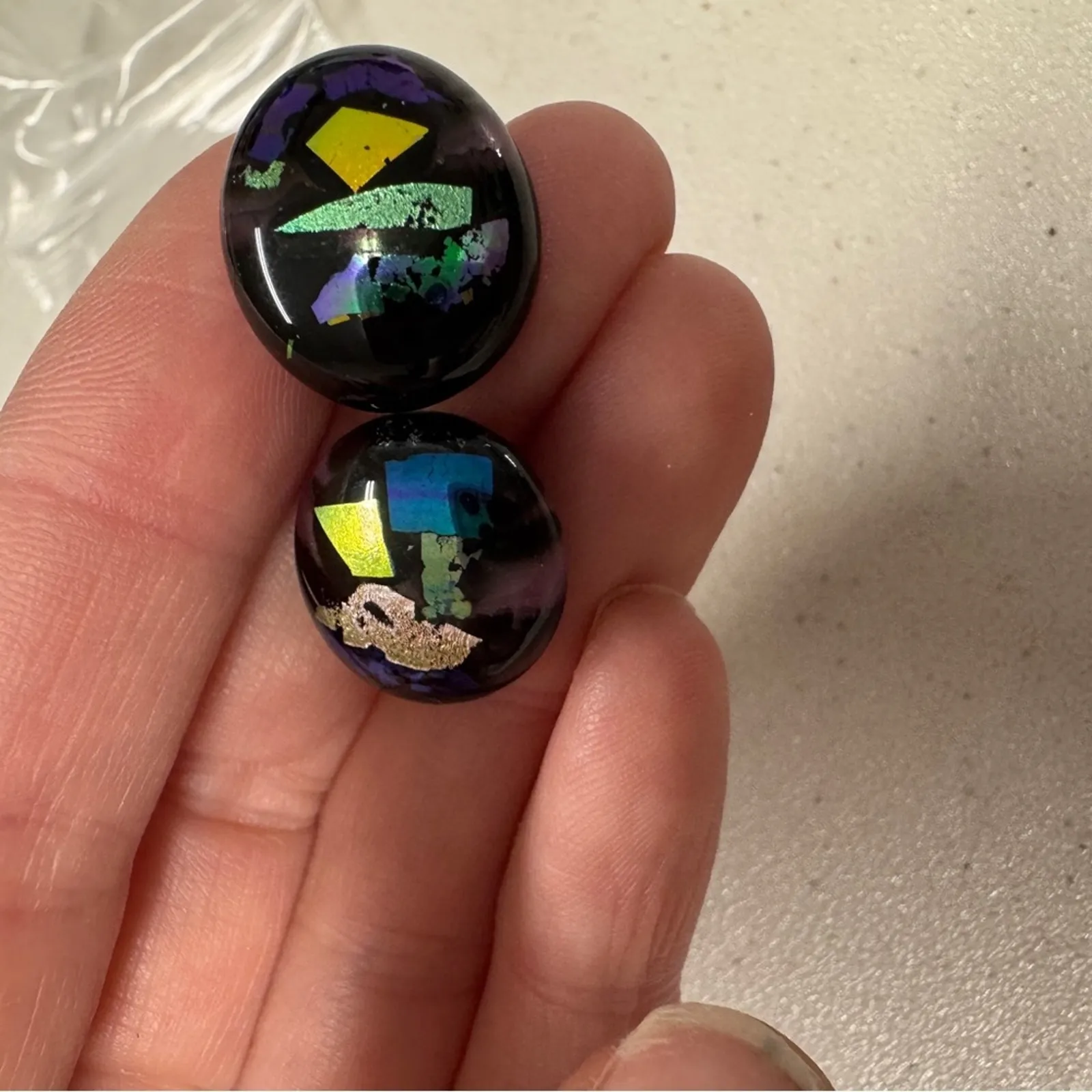 Vintage Dichroic Black Green Blue Pierced Earrings 1980s - Image 6