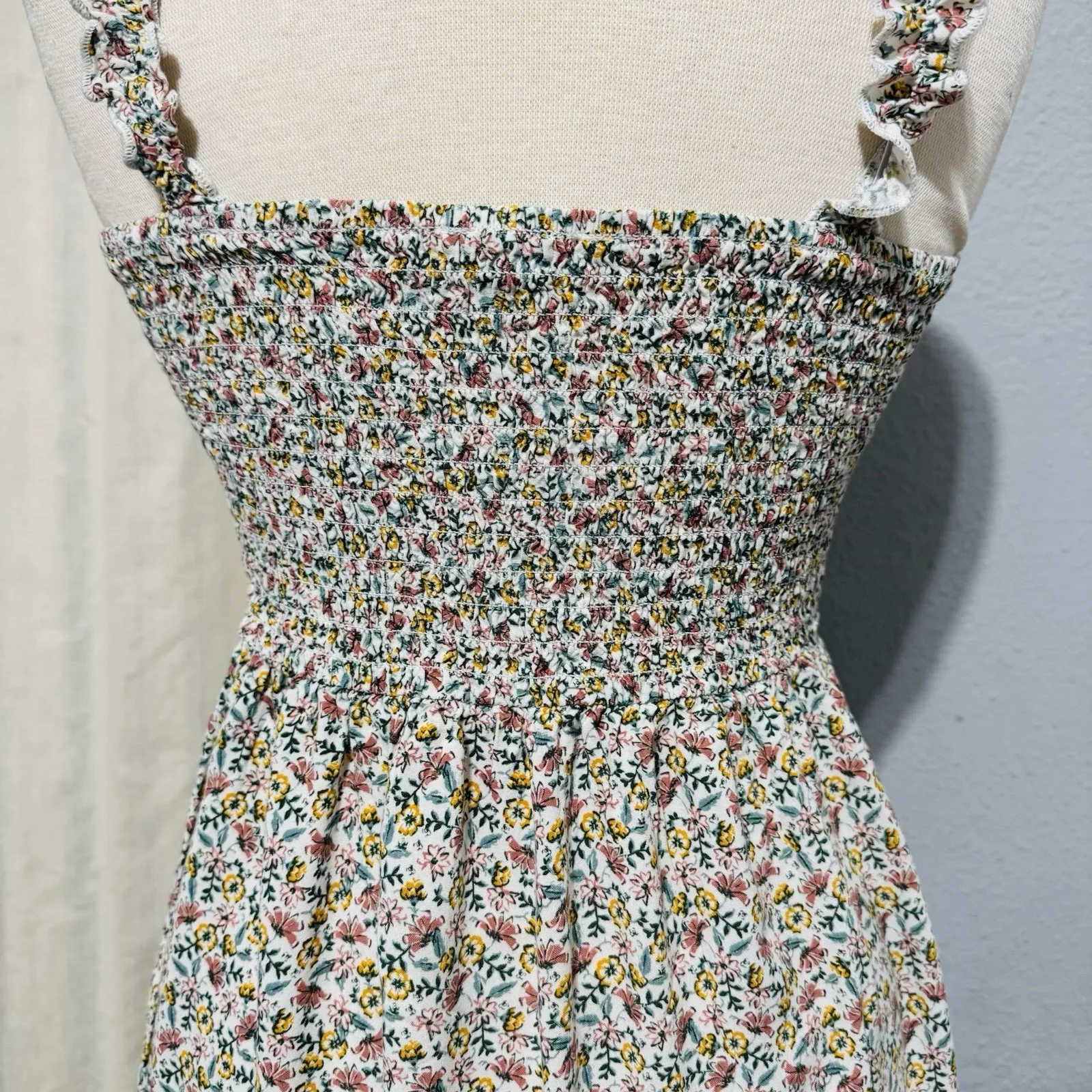 AUW L Green Floral Smocked Tie-Front Ruffle Strap Slit Midi Dress Padded Bra - Image 7