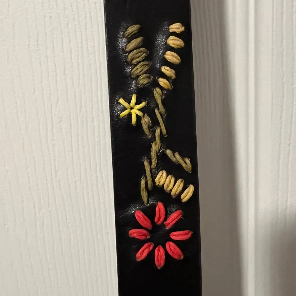 Zara Womens Brown Leather Embroidered Floral Belt Gold Buckle Festival Hippie - Image 3