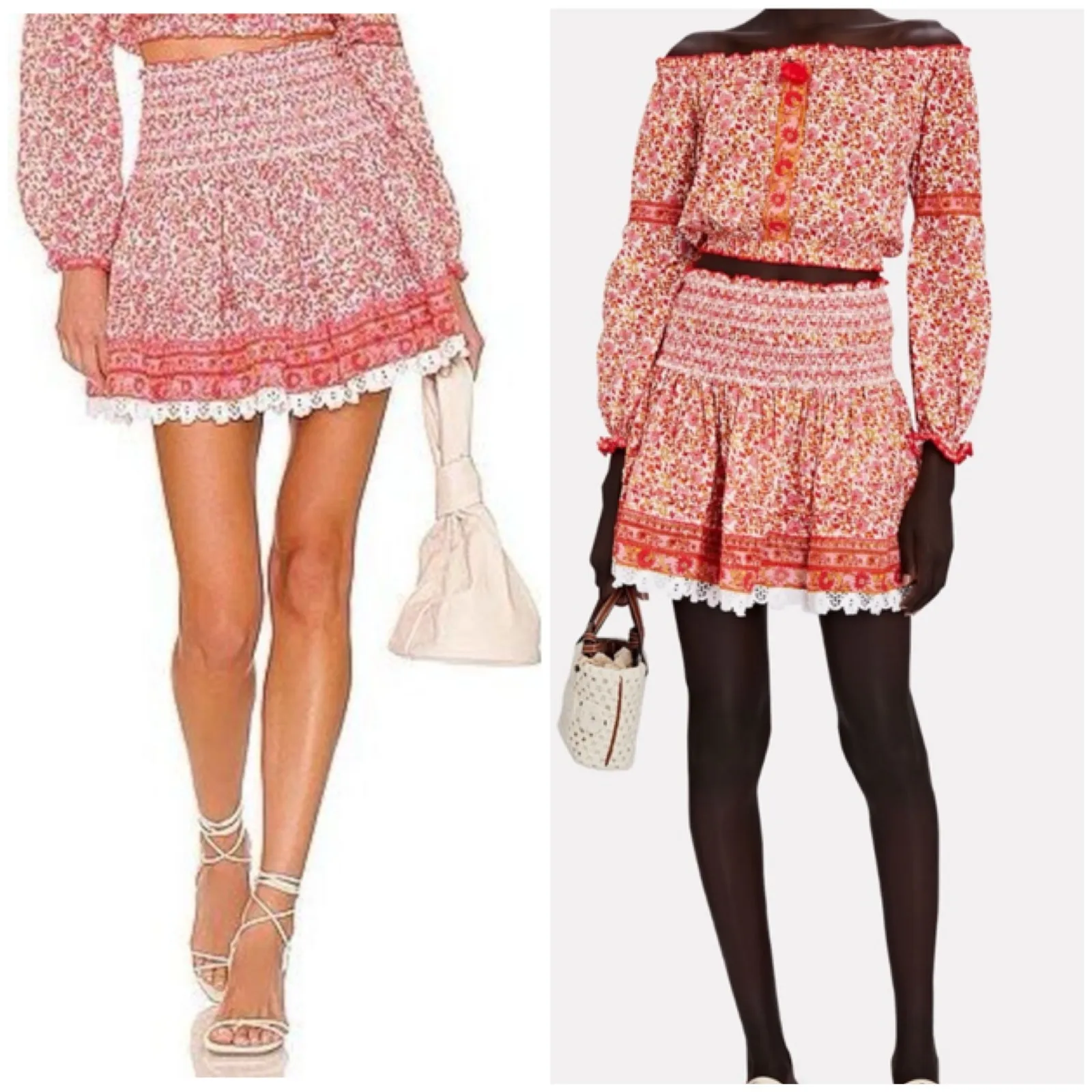 Poupette St Barth Galia Smocked Mini Skirt Size XS Pink Mistral Floral Boho - Image 8