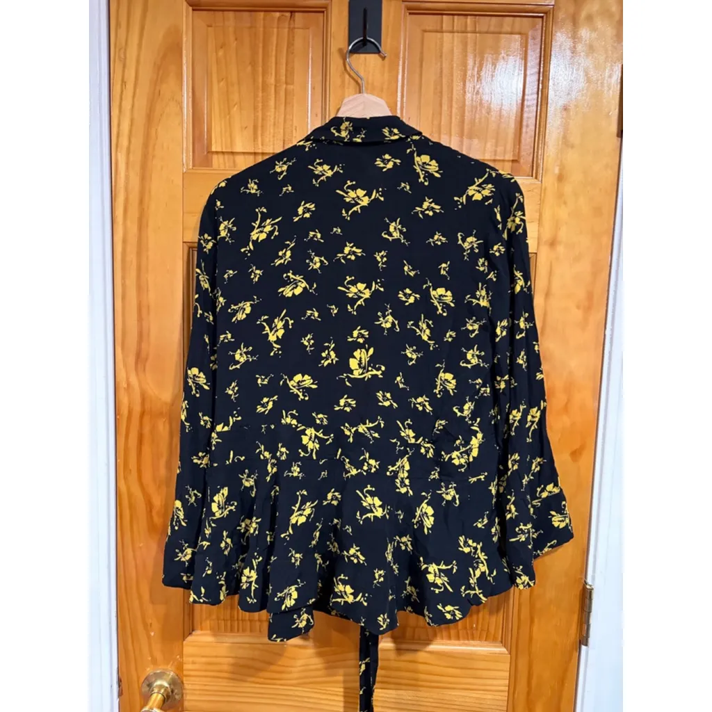 GANNI Floral Crepe Wrap Blouse Yellow Black Size 42 NWT Tie Top - Image 6