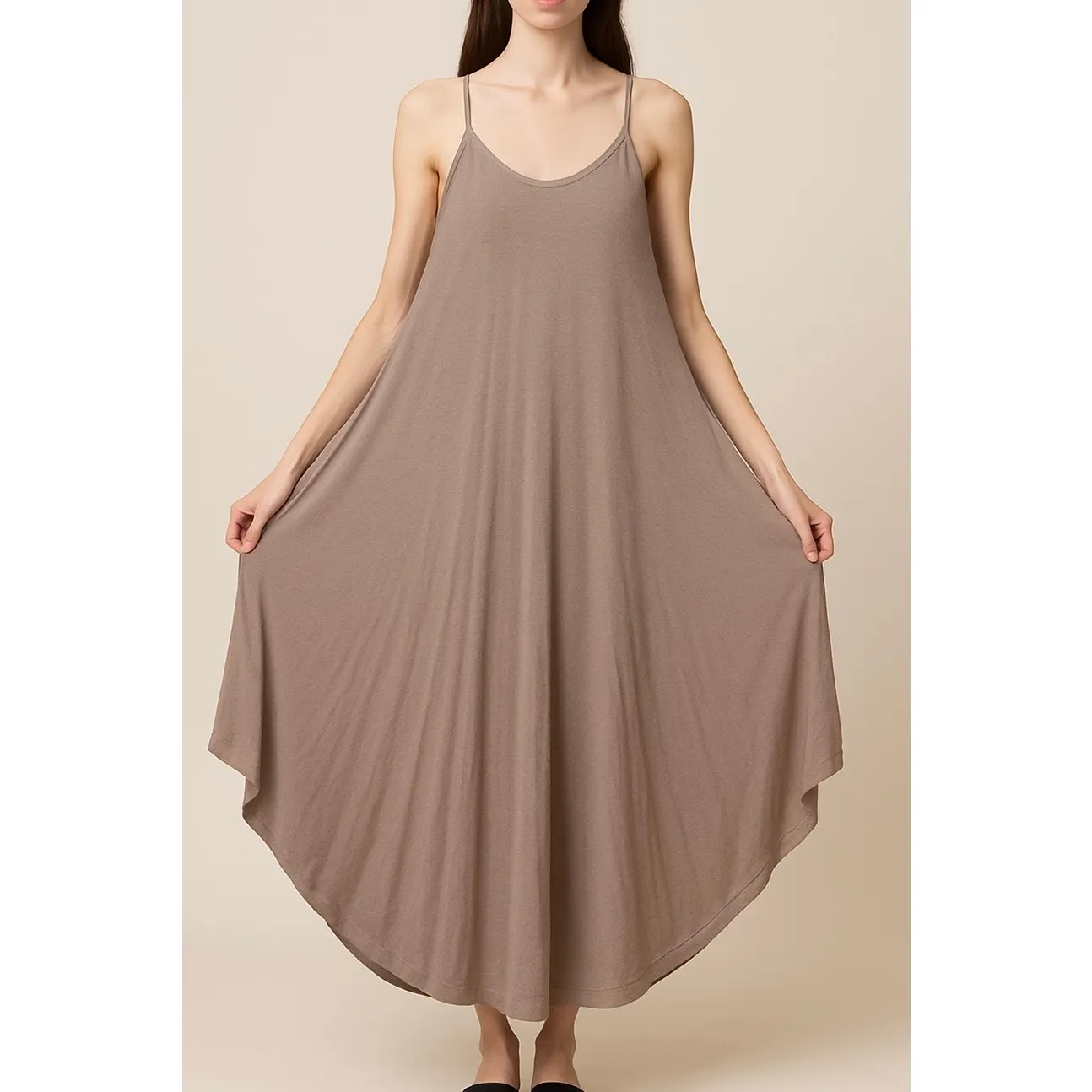 Taupe Flowy Maxi Dress – Spaghetti Strap – Boho/Resort Style - Image 2