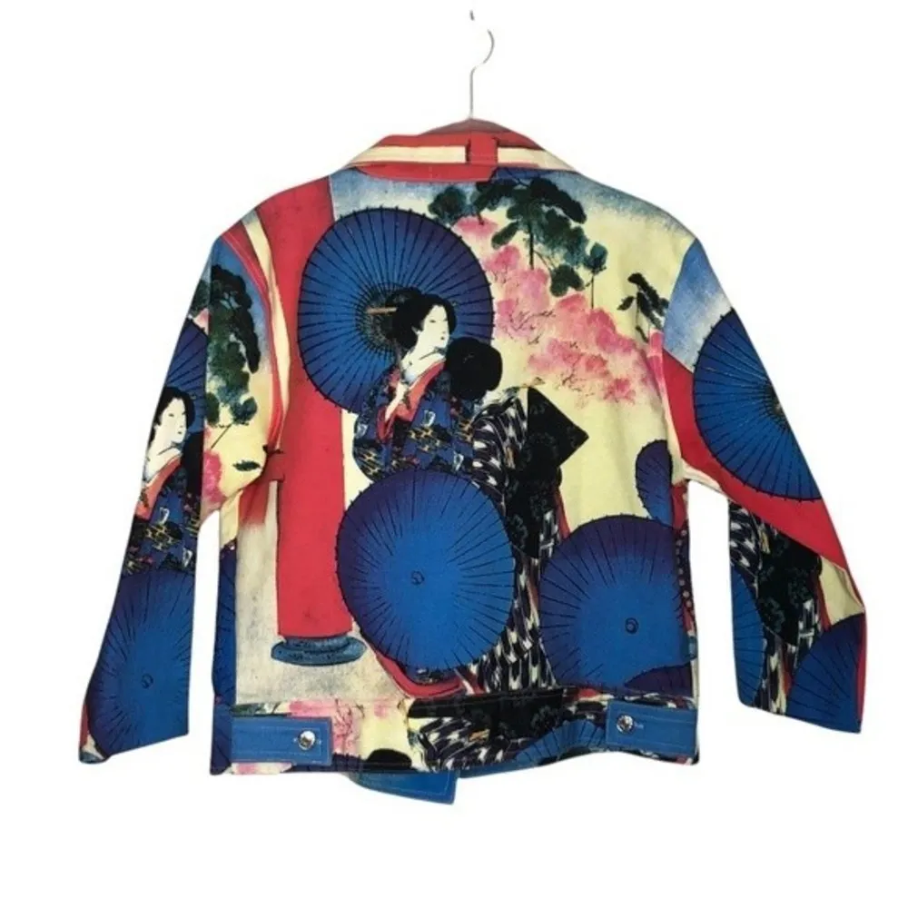 KOKOMO Jean Trucker Jacket Cut Art To Wear Beaded Geisha Print Size Medium - Image 8