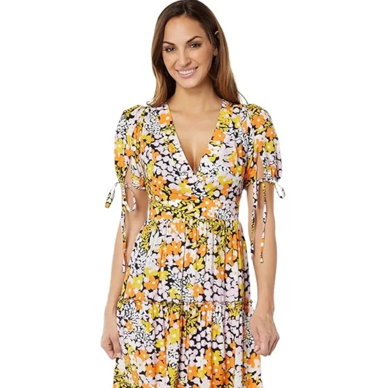 Ted Baker Short Puff Tie Sleeve Black Yellow Orange Floral vneck Print Dress - Image 2