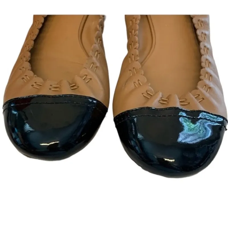 Tory Burch Melinda Ballet Flats Shoes Gold Leather Black Patent Cap Toe Size 6 - Image 4