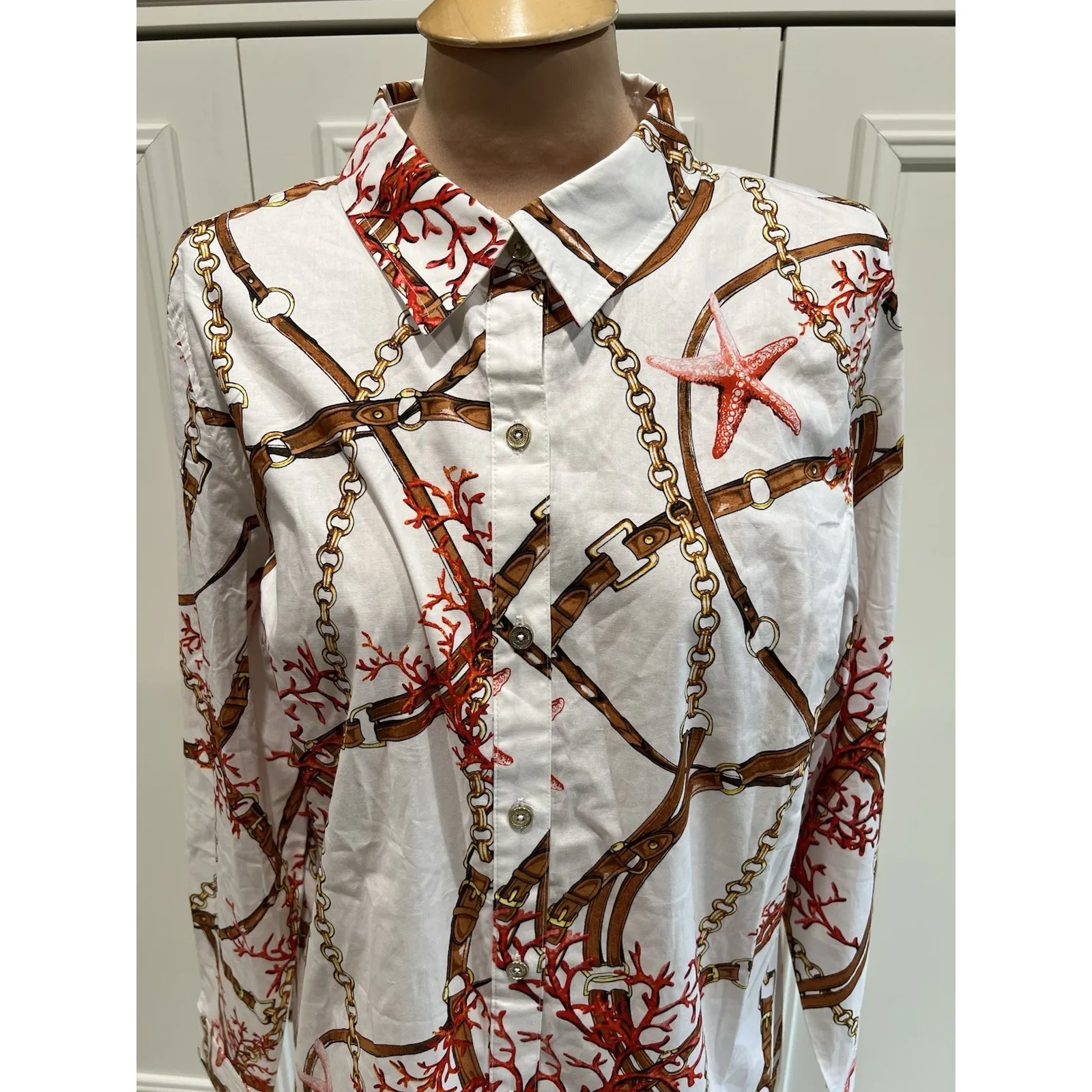Susan Graver Bridle Coral Starfish Printed Button Up Shirt Artsy Equestrian - Image 2