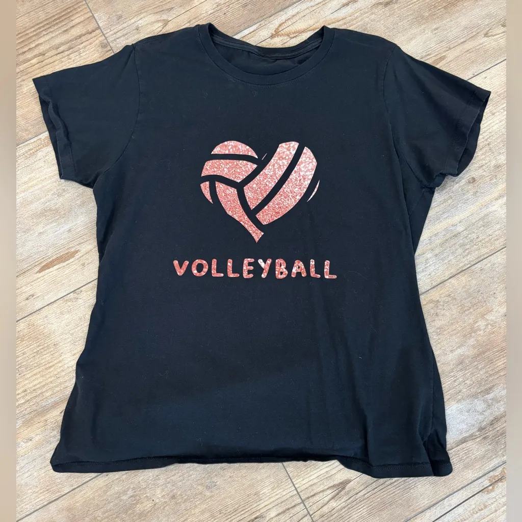 Black T-Shirt with Rose Gold Pink Glitter Volleyball Heart - Image 2