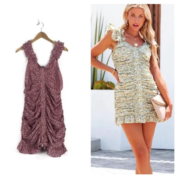 Vici Red White Floral Ruched Stretch Ruffle Sleeveless Mini Dress XL - Image 2