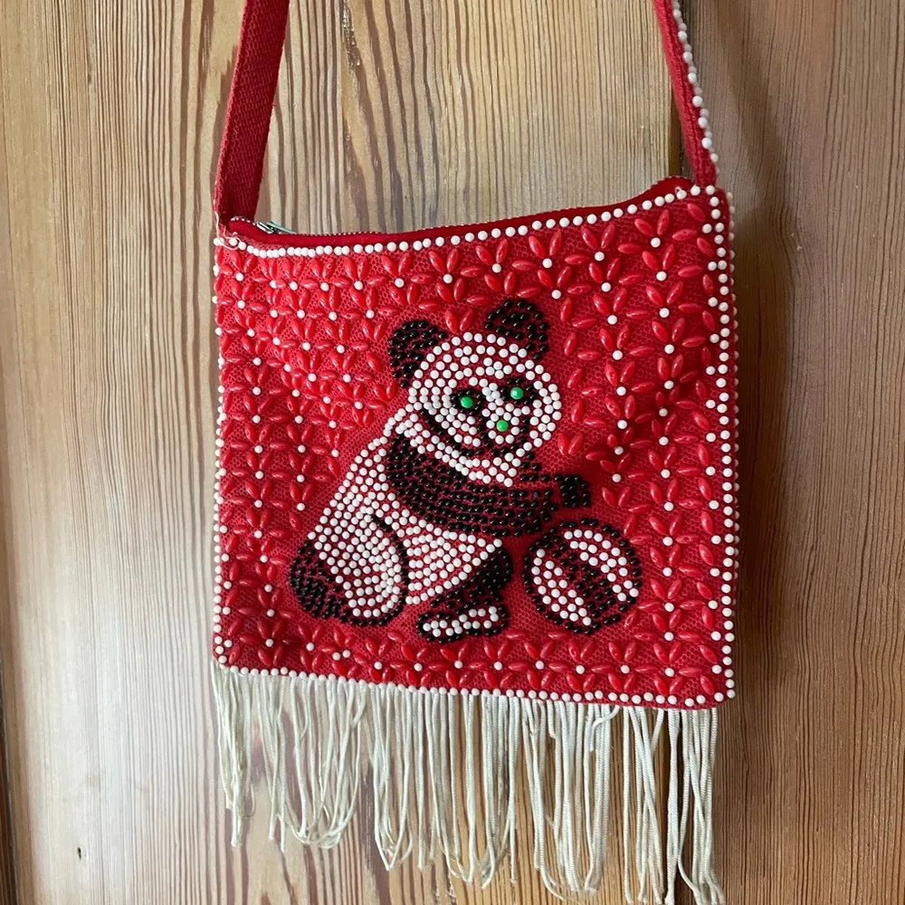 Adorable Vintage Chinese Beaded Panda Bag – Red with Fringe Detail - Image 5