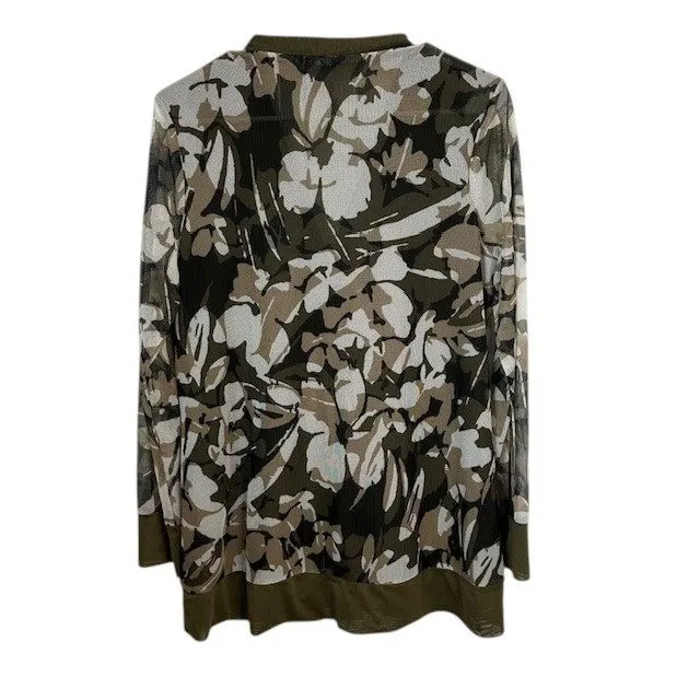 Chicos Women's Sz 1 Floral Sheer‎ Cardigan Cover Up Olive Green Button Front Med - Image 3