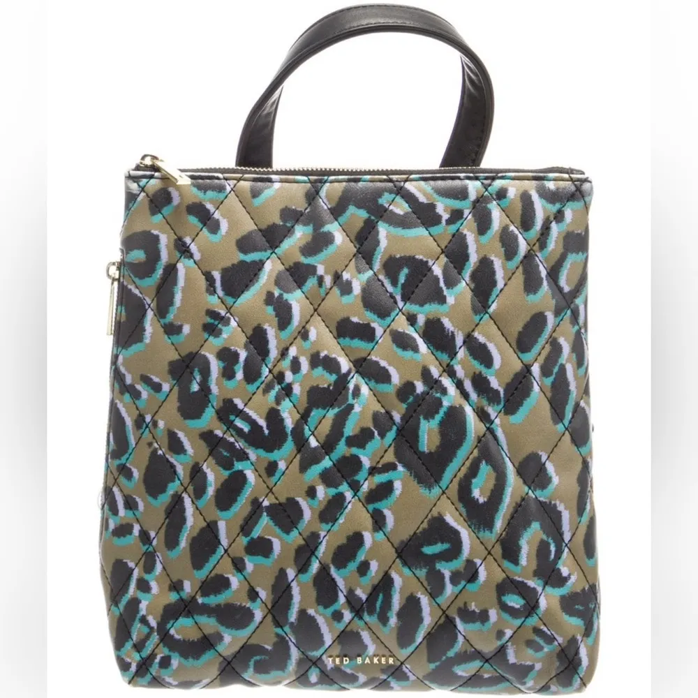 NWOT Ted Baker Quilted Leopard Print Leather Backpack Brown Teal - Image 2
