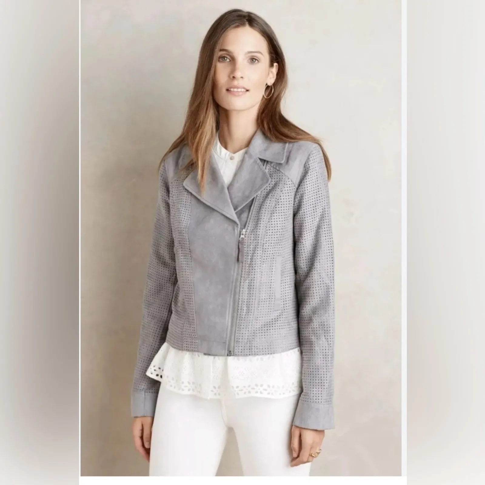 Anthropologie Vegan Suede Moto Gray Super Soft Jacket by Hei Hei Size: Medium - Image 2